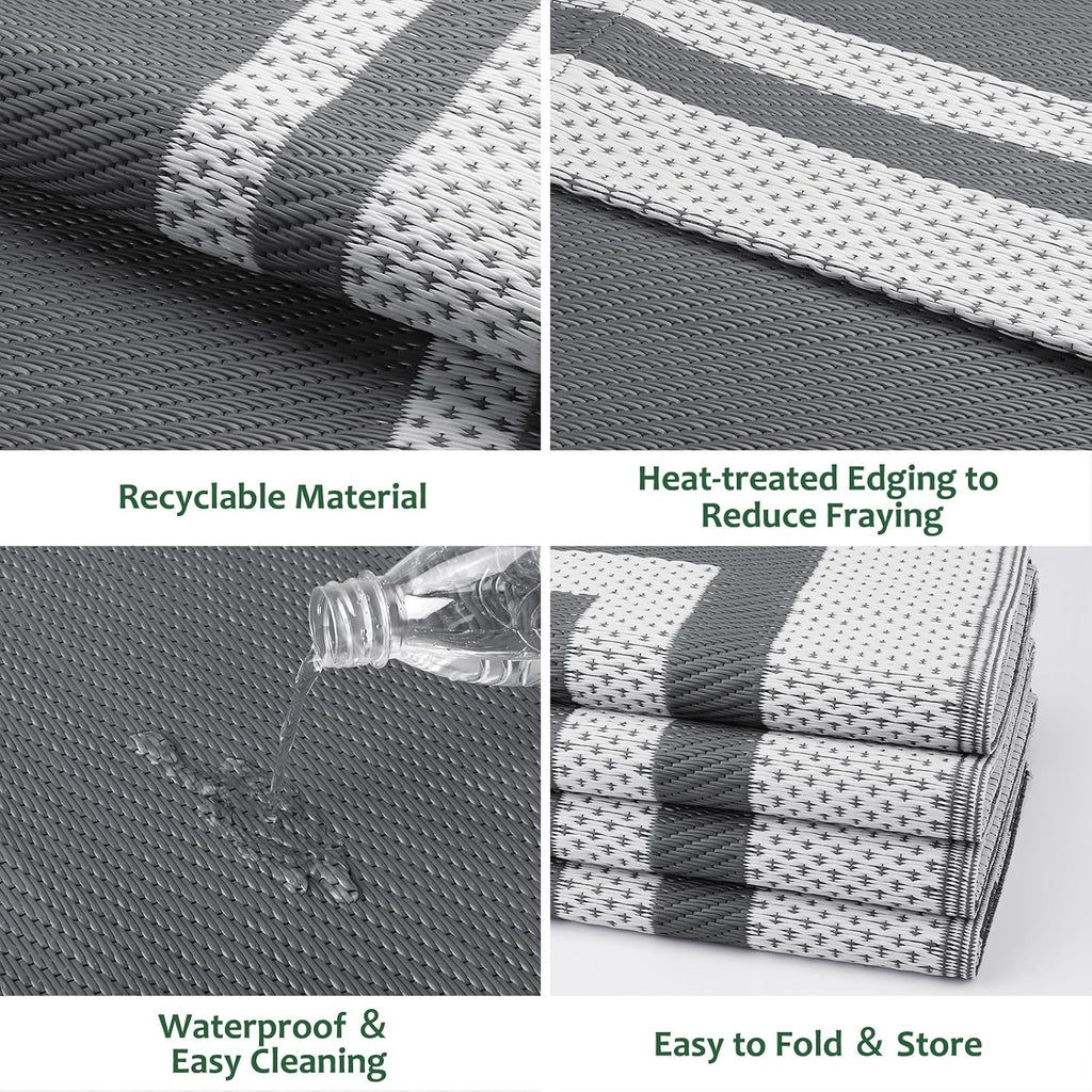 Happytrends Outdoor Rug Reversible Portable Plastic Straw Camping Rugs For Outside Rv,Large Waterproof Outdoor Area Rugs For Patio,Deck,Porch,Balcony(5'X 8',White&Gray)