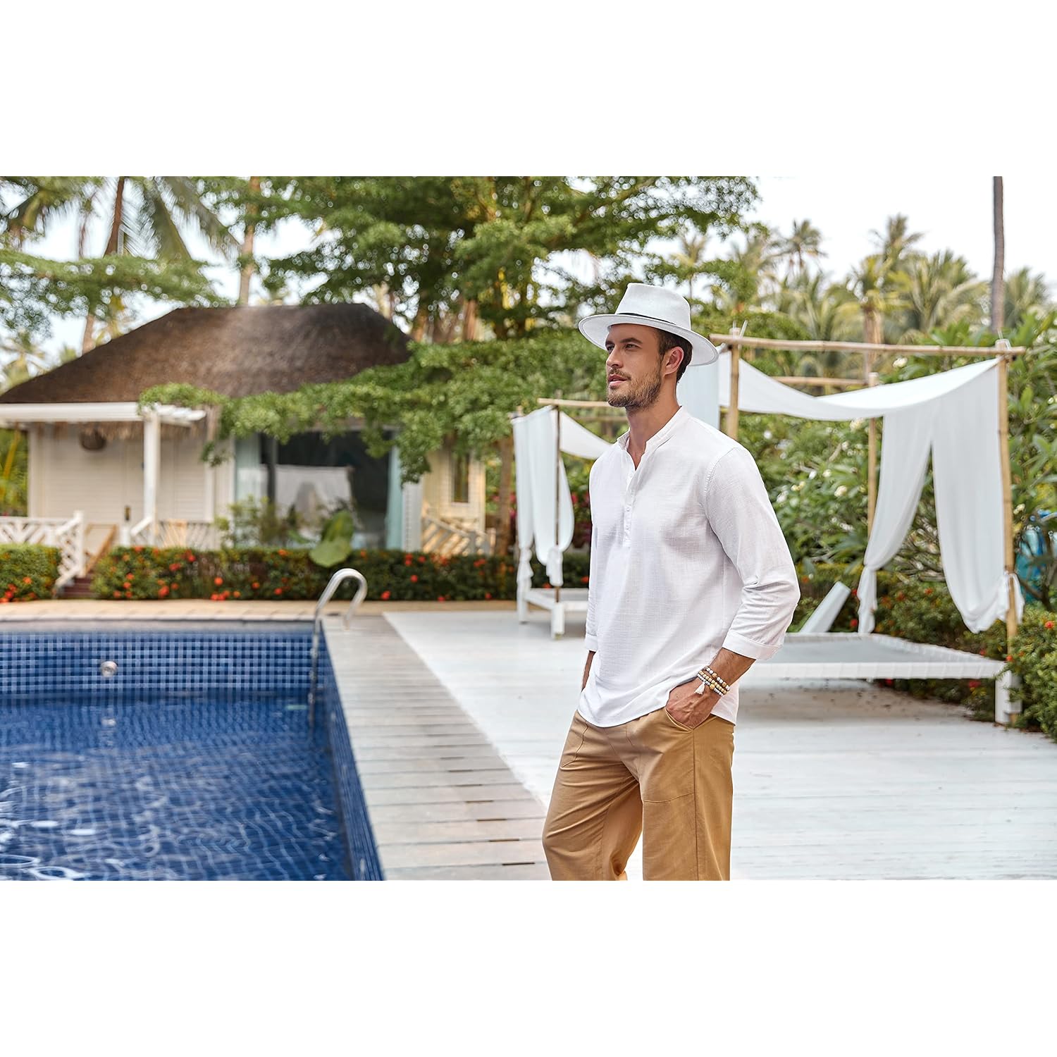 Mens Linen Henley Shirts Long Sleeve Hippie Yoga Summer Beach Casual Henleys T-Shirt