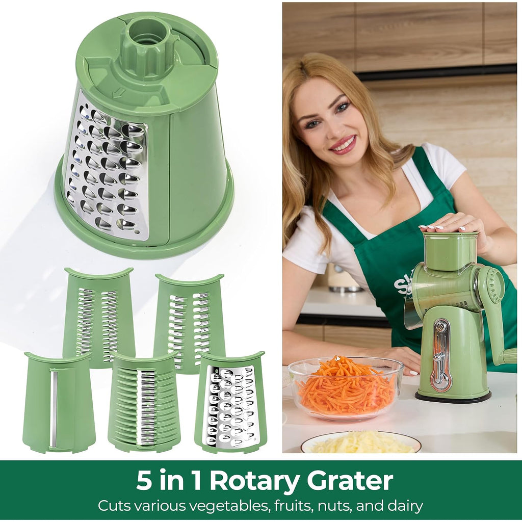Susteas Rotary Cheese Grater 5 Blades,Kitchen Mandoline Vegetable Slicer | Retro Green, Easy To Clean, Strong Suction Base, 5 Blades Storage Box, Round Mandoline Slicer & Food Chopper For Salad