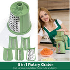 Susteas Rotary Cheese Grater 5 Blades,Kitchen Mandoline Vegetable Slicer | Retro Green, Easy To Clean, Strong Suction Base, 5 Blades Storage Box, Round Mandoline Slicer & Food Chopper For Salad