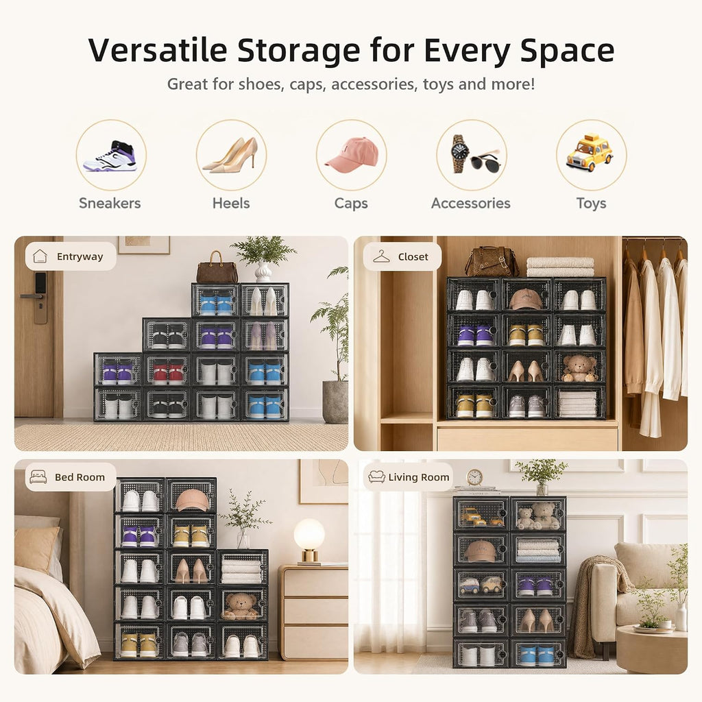 Kuject X-Large Shoe Storage Boxes Organizers Clear Plastic Stackable 12 Pack, Shoe Rack & Holder Substitute, Sneaker Containers, Toy Storage Organizer Bins For Entryway, Closet, Under Bed, Black