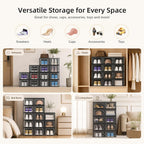 Kuject X-Large Shoe Storage Boxes Organizers Clear Plastic Stackable 12 Pack, Shoe Rack & Holder Substitute, Sneaker Containers, Toy Storage Organizer Bins For Entryway, Closet, Under Bed, Black