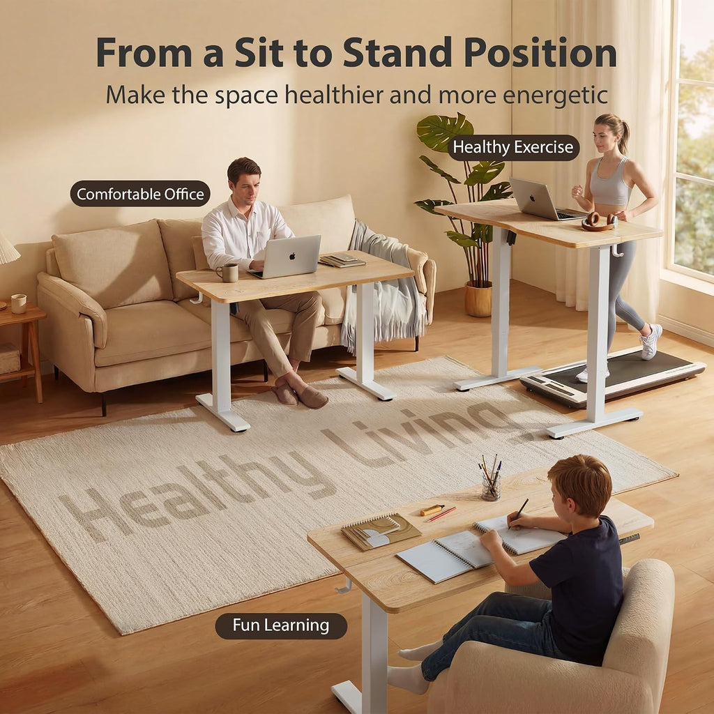 Cubiker Standing Desk, 48X24 Inches Sit Stand Home Office Desk, Electric Stand Up Desk, Adjustable Desk With Splice Board, White Frame/Maple Top