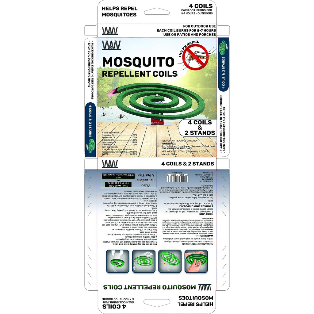 W4W Mosquito Repellent Coils - Outdoor Use Reaches Up To 10 Feet - Each Burns For 5-7 Hours (Three Pack Contains 12 Coils & 6 Stands)
