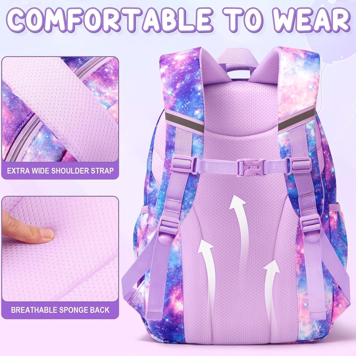 Fimibuke Kids Backpack For School Girls, Waterproof Backpack W/Lunch Box | 3Pcs Lightweight Kids Galaxy Bookbag W/ Lunch Box Combo Set, Cute Backpack For Girls Ages 6+ Elementary Middle School Teens