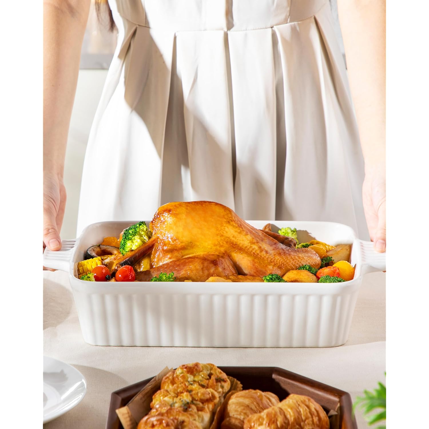 MALACASA 4.4 QT Baking Dish, 9x13 Large Casserole Dish for Oven, Ceramic Baking Pan, Rectangular Lasagna Pan Deep with Handles for Baking, Durable Microwave Oven Safe, Wedding Gift,White, Series BAKE-BAKE