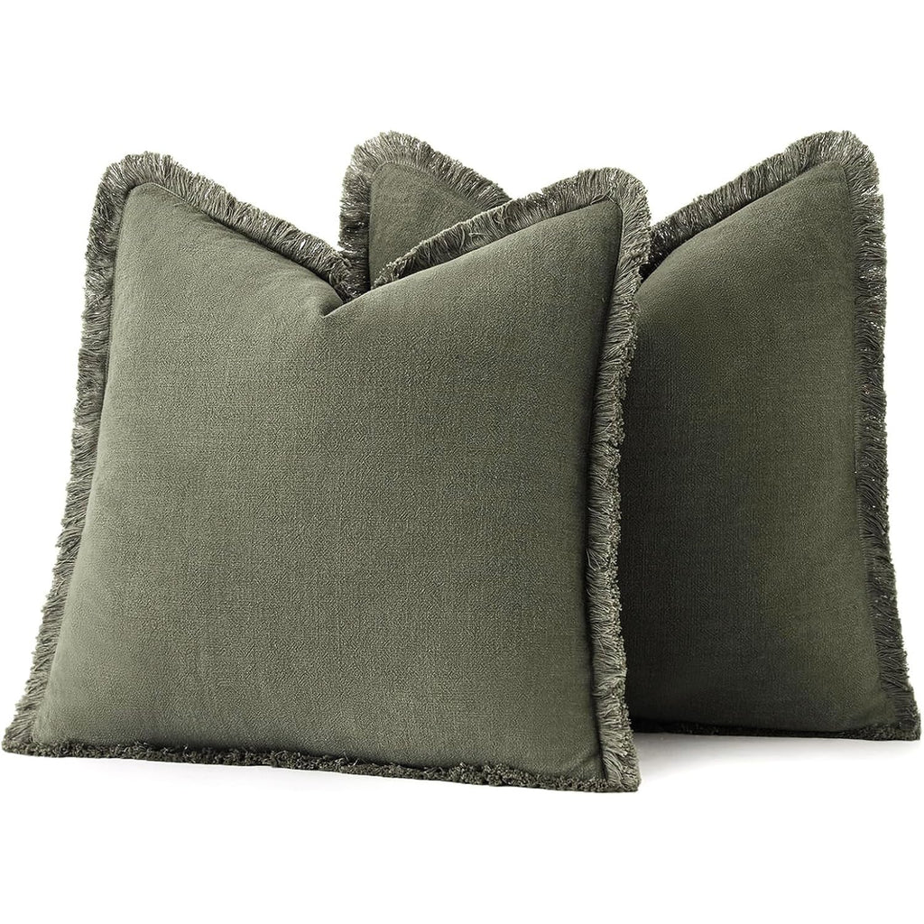 Miulee Decorative Throw Pillow Covers Neutral Linen Fringe Throw Pillows Set Of 2 Olive Green Boho Farmhouse Cushion Covers With Tassels For Couch Sofa Bed Living Room Spring Home Decor 20X20 Inch