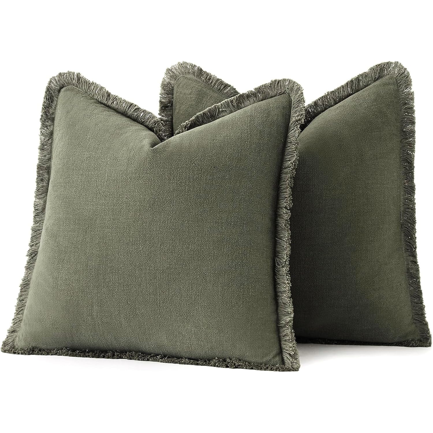 Miulee Decorative Throw Pillow Covers Neutral Linen Fringe Throw Pillows Set Of 2 Olive Green Boho Farmhouse Cushion Covers With Tassels For Couch Sofa Bed Living Room Spring Home Decor 20X20 Inch