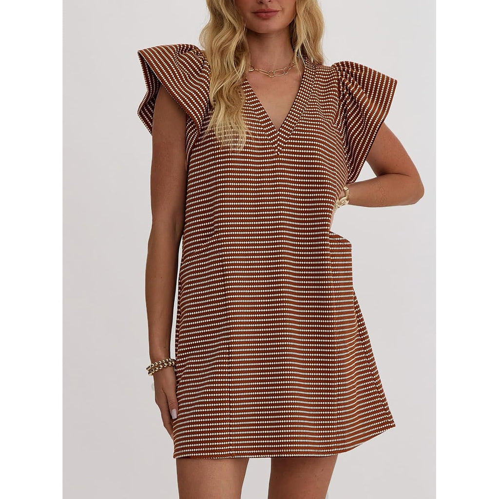 Mieazom Striped V-Neck Mini Dress For Women Puff Sleeve Casual Dress With Pockets, Comfortable & Stylish For Summer