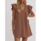 Mieazom Striped V-Neck Mini Dress For Women Puff Sleeve Casual Dress With Pockets, Comfortable & Stylish For Summer