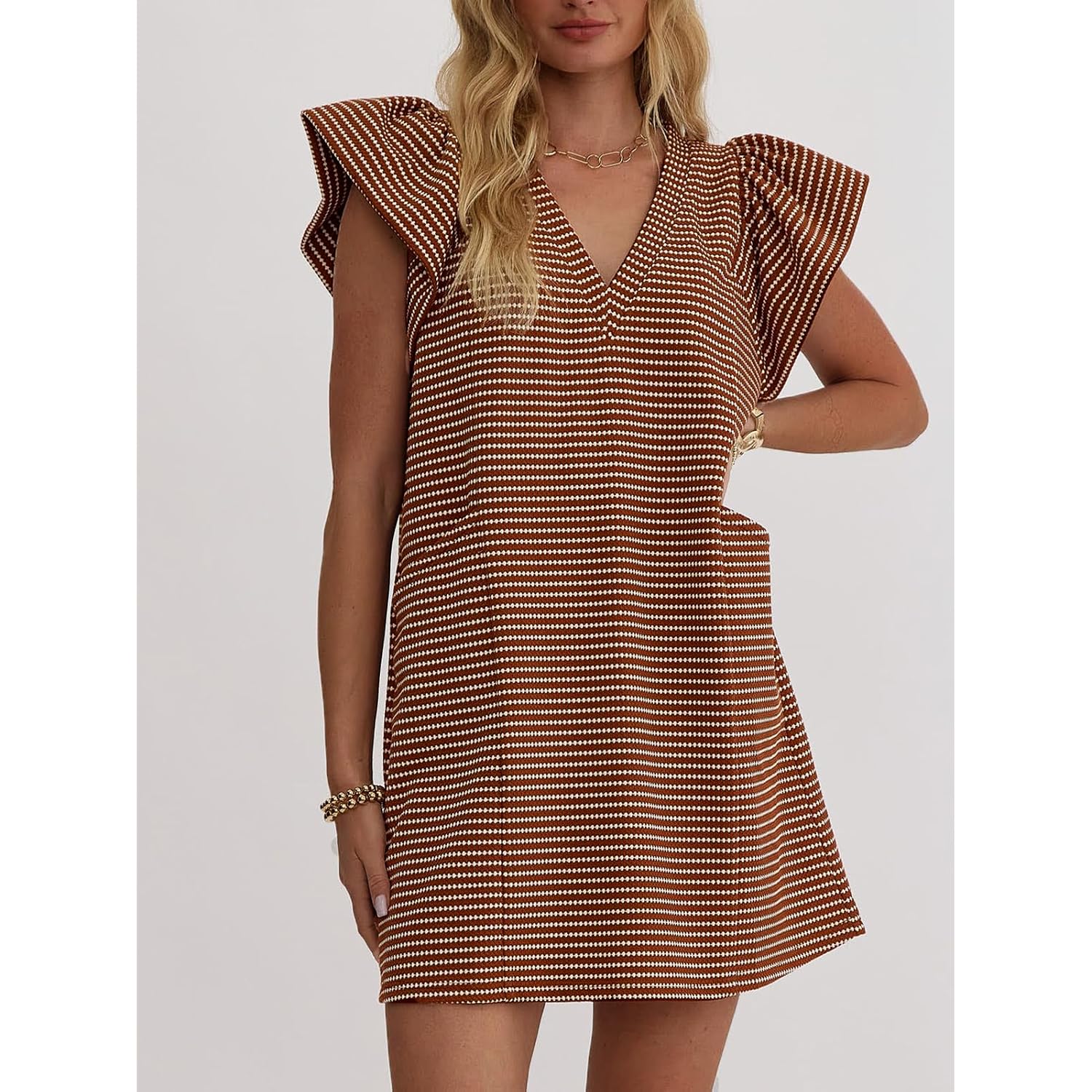 Mieazom Striped V-Neck Mini Dress For Women Puff Sleeve Casual Dress With Pockets, Comfortable & Stylish For Summer