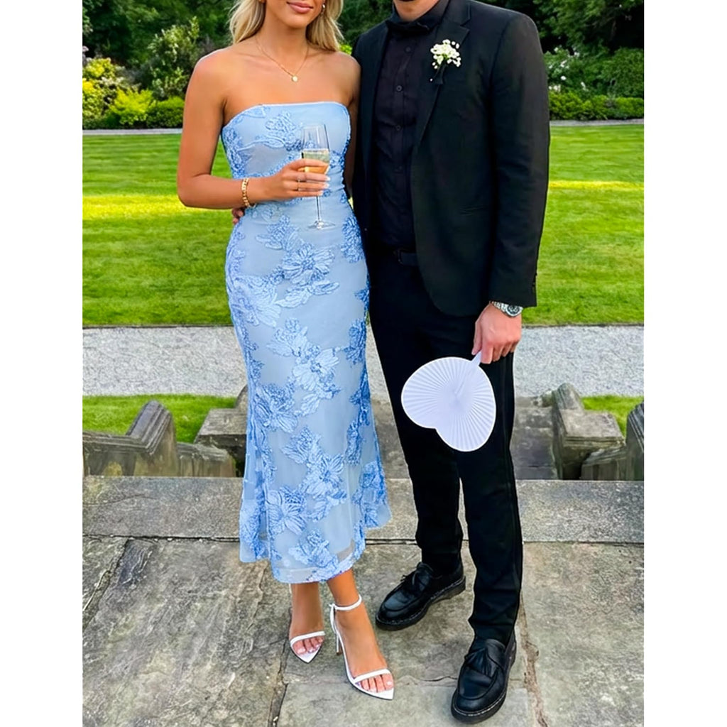 Zesica Cocktail Wedding Guest Dresses For Women 2026 Summer Strapless Floral Bodycon Mesh Tube Formal Party Midi Dress