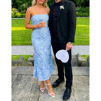 Zesica Cocktail Wedding Guest Dresses For Women 2026 Summer Strapless Floral Bodycon Mesh Tube Formal Party Midi Dress