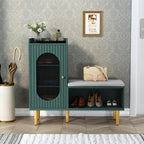Storage Bench With Glass Door&Shelf, Modern Entryway Shoe Cabinet Bench With Padded Seat, Green L-Shaped Storage Cabinet For Hallway, Bedroom, Living Room, Office