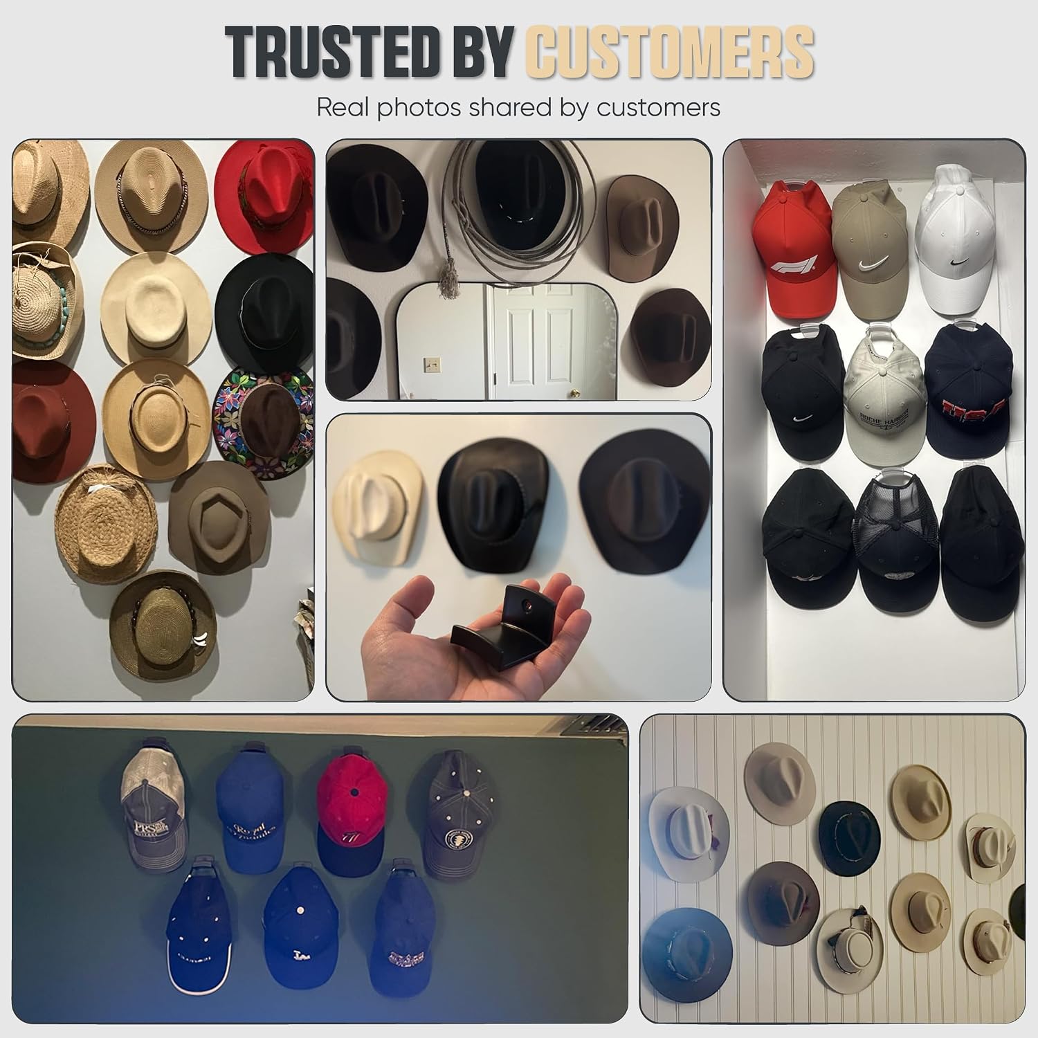 Adhesive Hat Hooks For Wall (6-Pack) - Cowboy Hat Rack, Wide Brim Hat Organizer, Strong Hold Hat Hangers For Wall - Clear