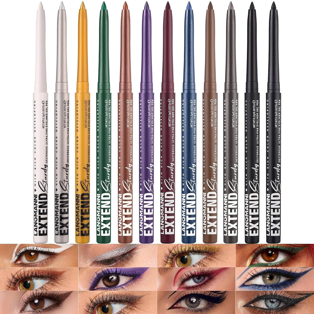 Langmanni 12Pcs Metal Colorful Eyeliner Pencil Set - Matte & Shimmer Eye Makeup,Smooth Use Long-Lasting & Waterproof Eyeliner Set