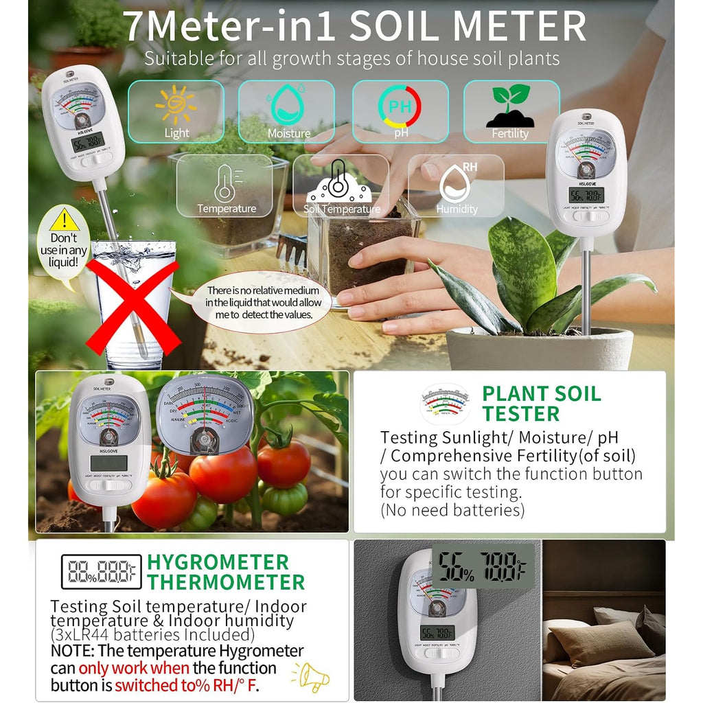 Hslgove Soil Test Kit, 7-In-One Soil Moisture Meter/Soil Ph Meter/Fertility, Dual Screen Soil Tester W/Digital Soil Temp/Air Temp&Humidity For Plants Gardening,Lawn,Farm Indoor&Outdoor-Lvory White