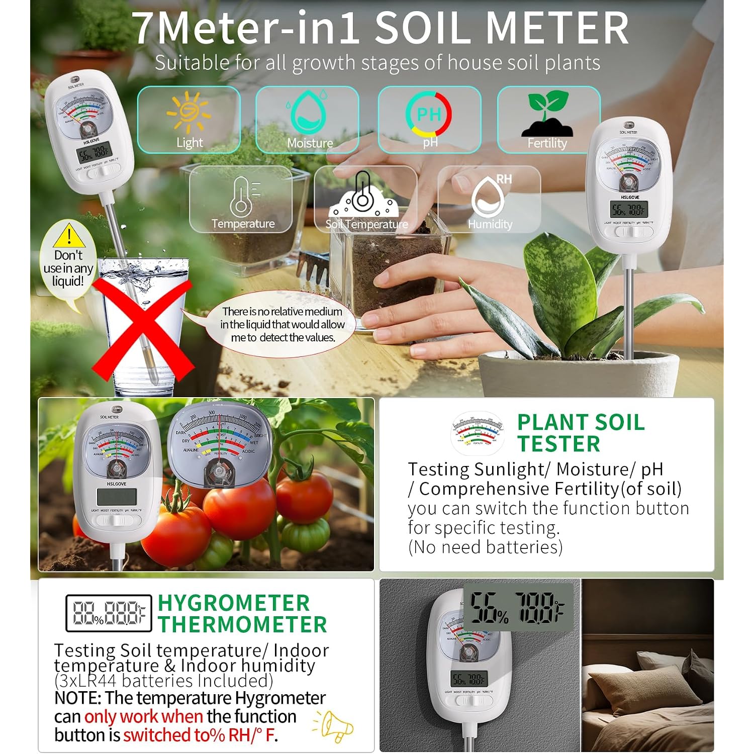 Hslgove Soil Test Kit, 7-In-One Soil Moisture Meter/Soil Ph Meter/Fertility, Dual Screen Soil Tester W/Digital Soil Temp/Air Temp&Humidity For Plants Gardening,Lawn,Farm Indoor&Outdoor-Lvory White