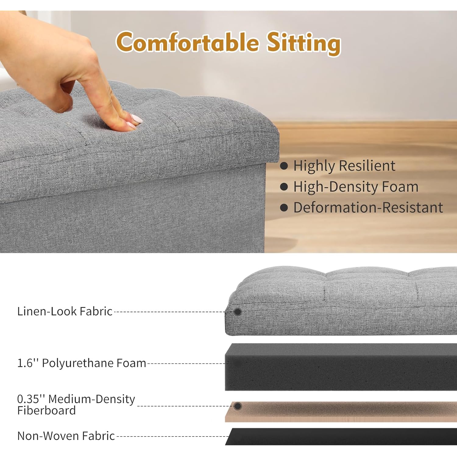 Storage Ottoman With Extra Thick Foam Padded Seat, Foldable Foot Rest Stool With Linen Fabric, 43L Ottoman With Storage Bench For Bedroom Living Room, Holds Up To 300Lbs, 17X13X13In, Dark Gray