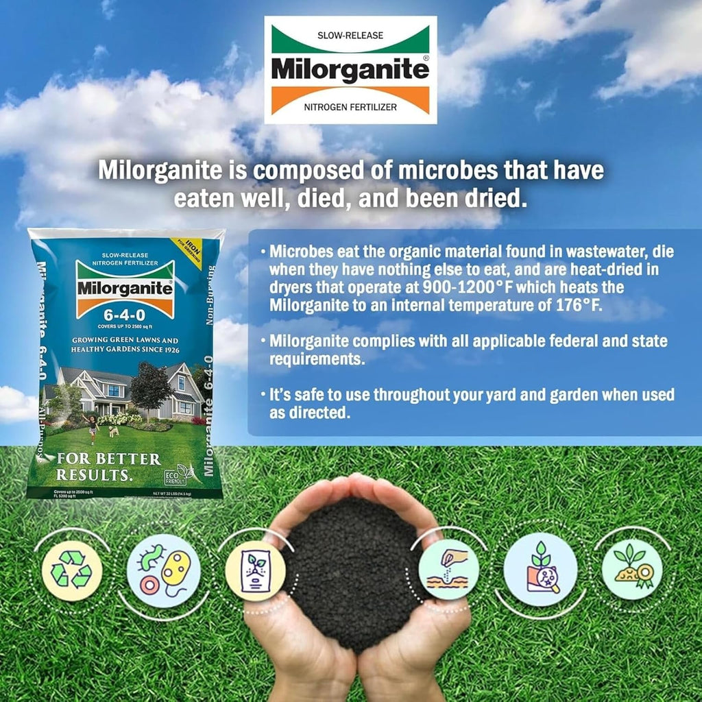 Milorganite All-Purpose Eco-Friendly Slow-Release Nitrogen 6-4-0 Fertilizer, 32 Lb Bag - For Lawns, Flowers, And Gardens - Includes Bonus Feeding & Spreader Tips Brochure