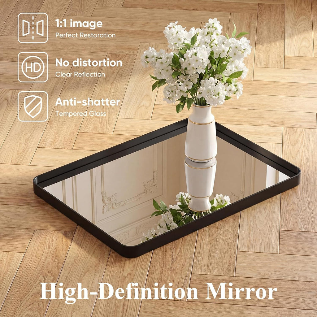 Sweetcrispy Bathroom Wall Mirror, 36X24 Inch Mirror For Over Sink, Black | Modern Wall Mount Vanity Mirror Rounded Rectangle With Matte Brush Metal Framed, For Home Decor, Living Room, Bedroom