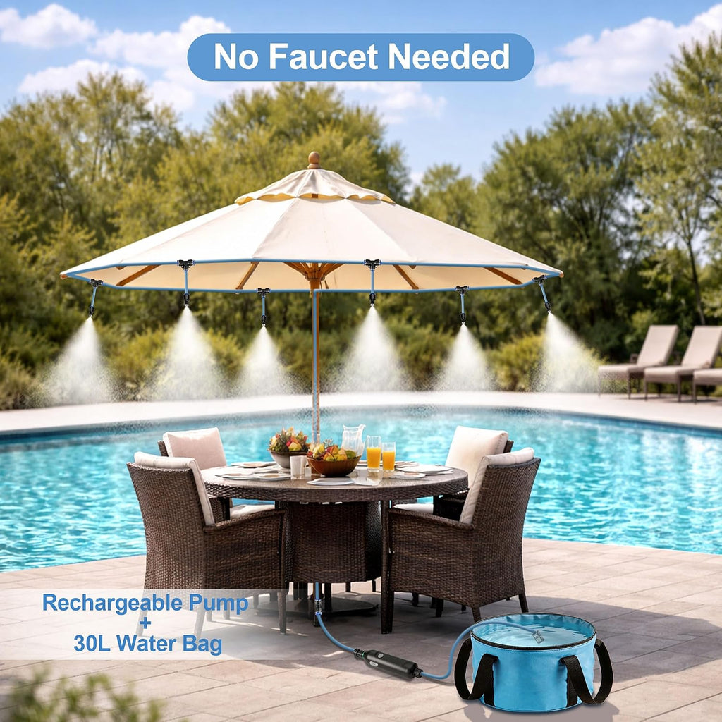 Portable Misting System For Outdoor Cooling, 23 Ft Misters For Outside Patio With Rechargeable Pump, 30L Water Bag, 6 Adjustable Nozzles For Tent, Canopy, Backyard, Umbrella And Camping