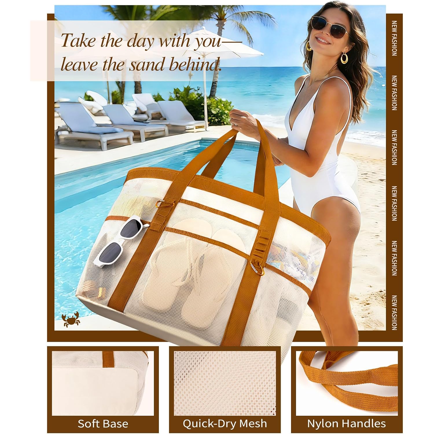 2026 Stylish & Spacious Xx-Large Beach Bag For Women – Mesh × Canvas Tote With Top Zipper, 11 Tall Pockets | 40L+ Spacious