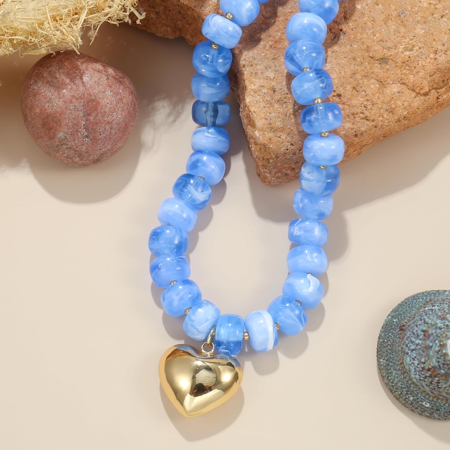 Chunky Heart Necklace for Women, Colorful Acrylic Beaded Statement Puff Heart Necklace, Cute Boho Y2K Choker Necklace for Gift Jewelry