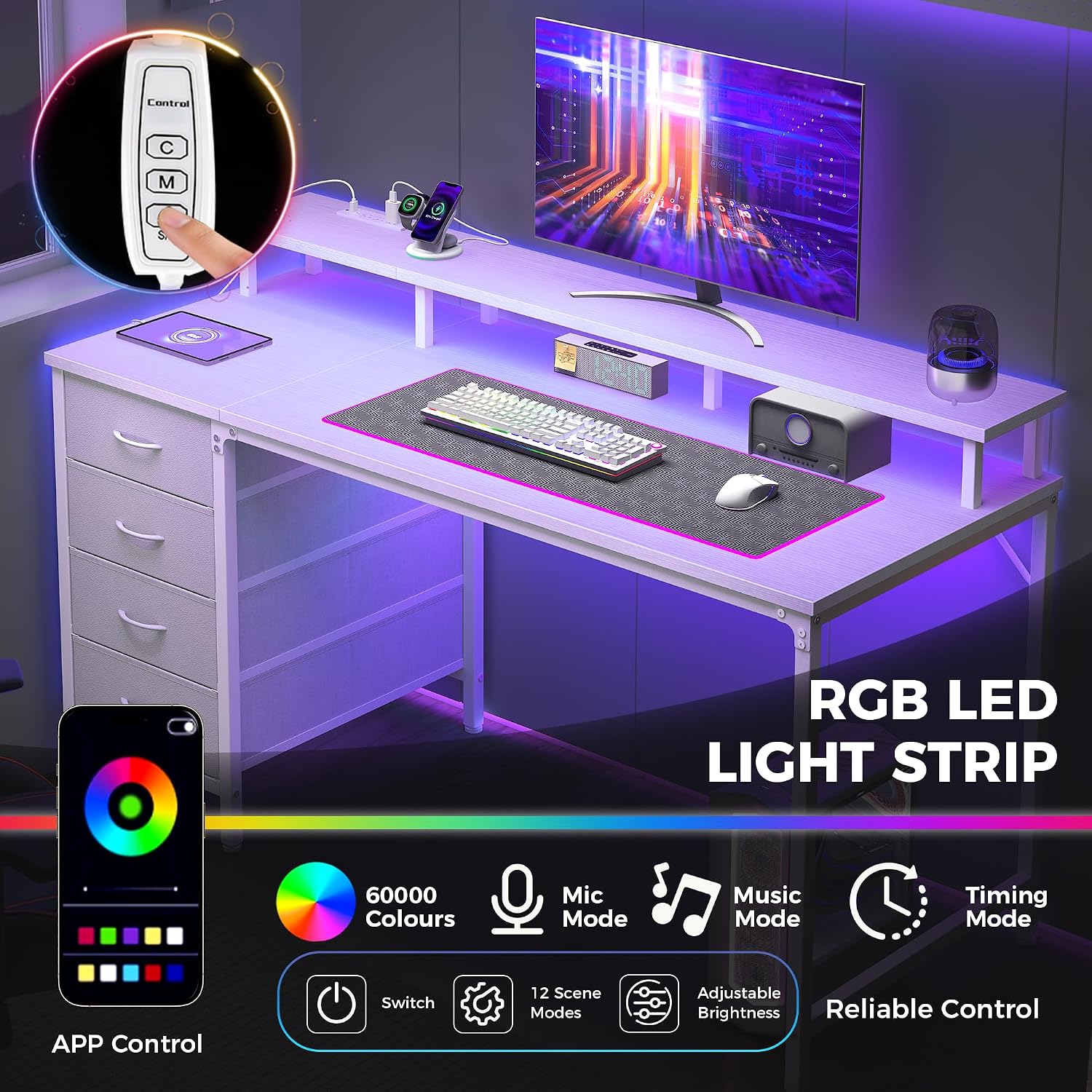 Dumos 40-Inch Gaming Desk With Power Outlets And Led Lights, White | Computer Desk With 4 Storage Drawers, Home Office Desk With Monitor Stand, Small Desk For Bedroom Study