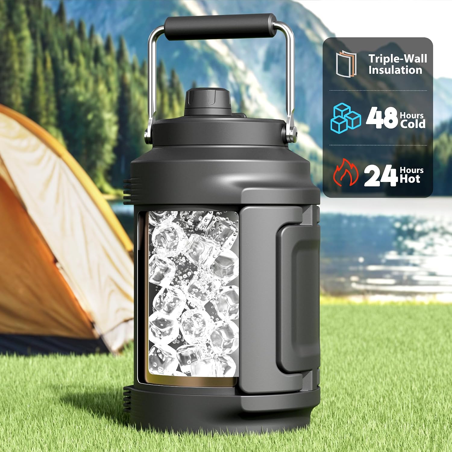 1 Gallon Insulated Water Bottle For Sports: Meoky 128 Oz Triple Wall Vacuum Stainless Steel Water Jug - Top And Side Handles, Cold For 48 Hrs, 2-In-1 Straw And Spout Lid, Leak Proof For Hiking (Night)