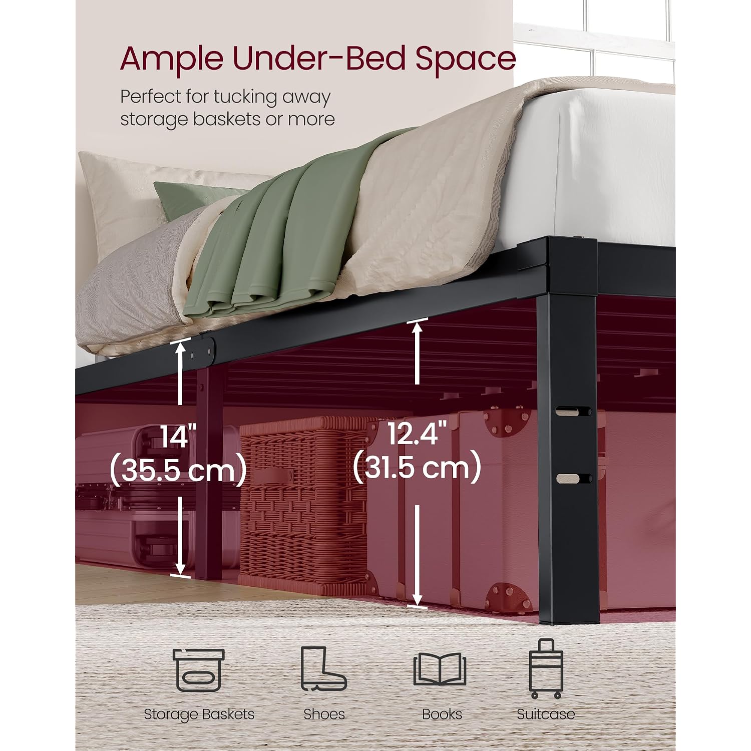 Vasagle Queen Metal Bed Frame 14 Inches Tall, 1100 Lb Weight Capacity, No Box Spring Needed, With Under-Bed Storage, Easy Setup, Heavy-Duty Platform Bed, Mattress Retainers, Matte Black Urmb651Bd02S