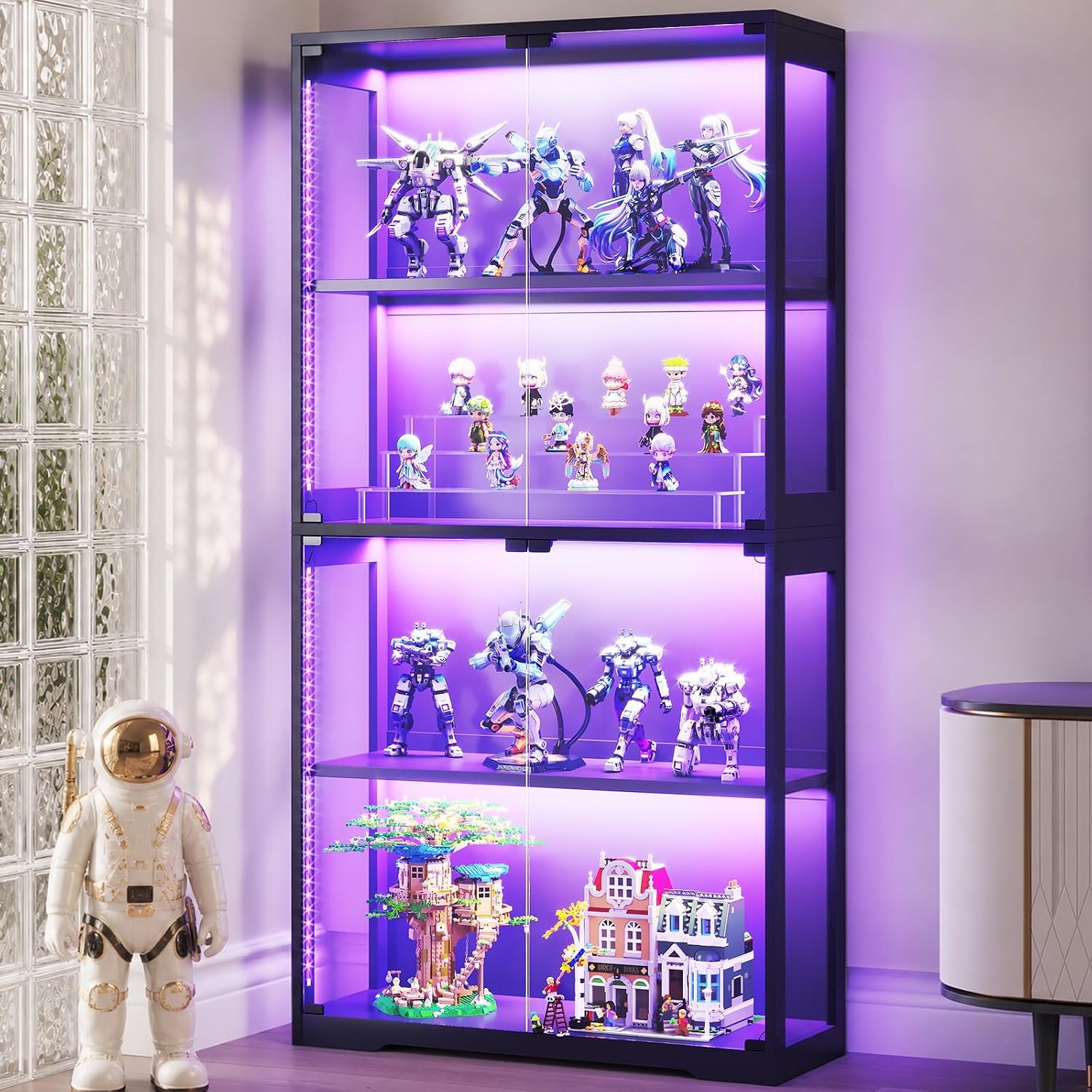 Aodk Glass Display Cabinet With Glass Doors, Rgb Light Display Case, 4-Tier Storage Cabinet Display Shelf For Showcase, Black Curio Cabinet For Collectibles