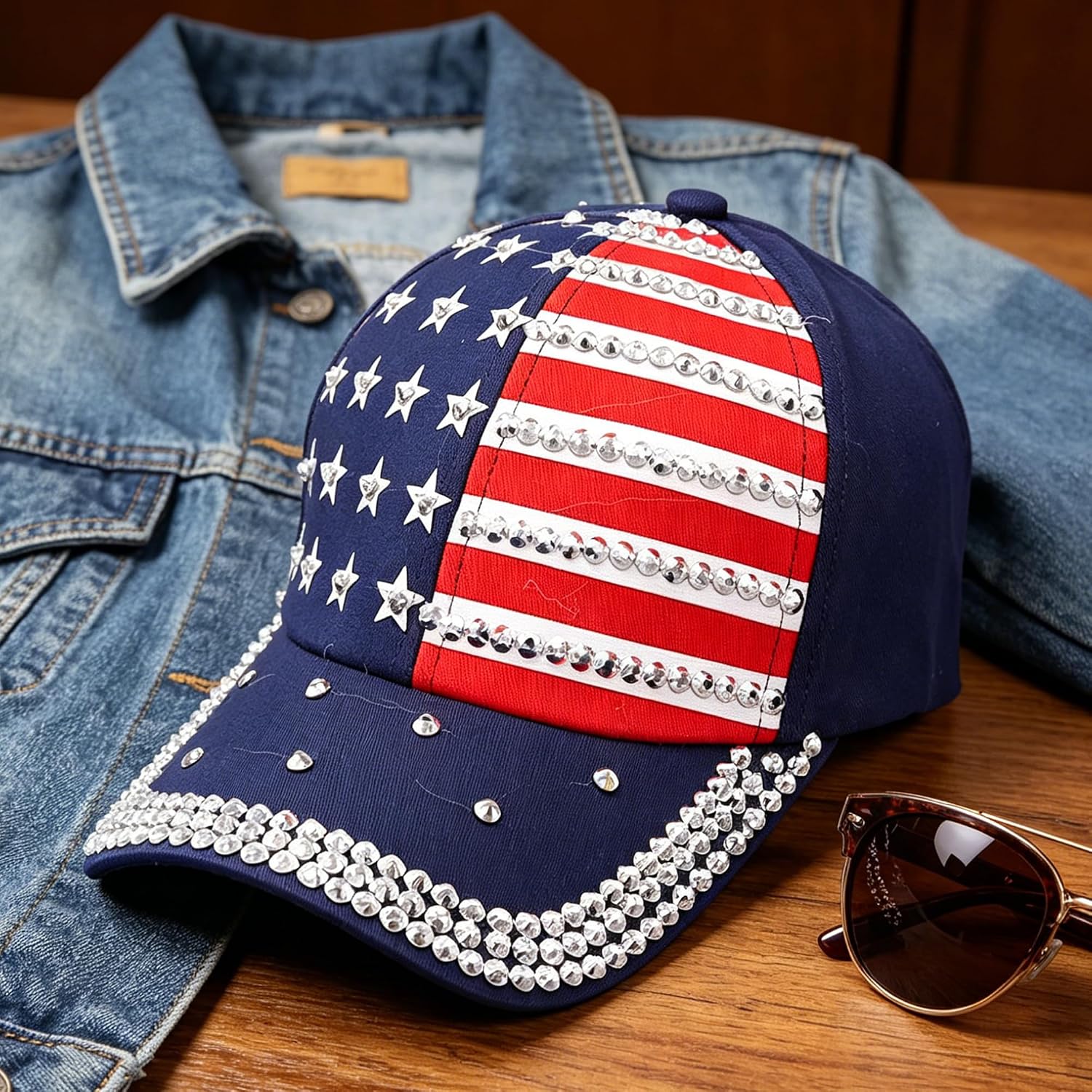 Rhinestone American Flag Baseball Cap Women Men 4th of July Patriotic Trucker Cap Sparkly USA Flag Hip Hop Hat Navy-largeflag-bb