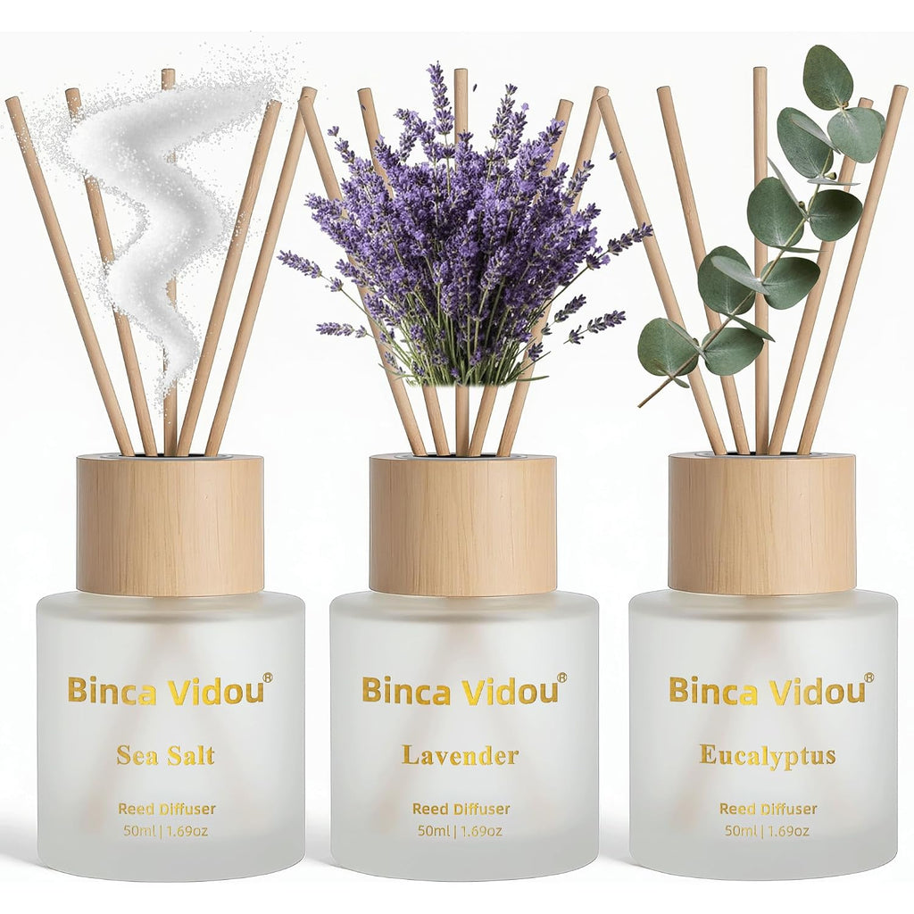 Reed Diffuser Set Of 3, Binca Vidou Lavender, Eucalyptus & Sea Salt Natural Scent Oil Diffusers With Sticks For Home Office Bathroom Aromatherapy Decor 1.69Oz X 3