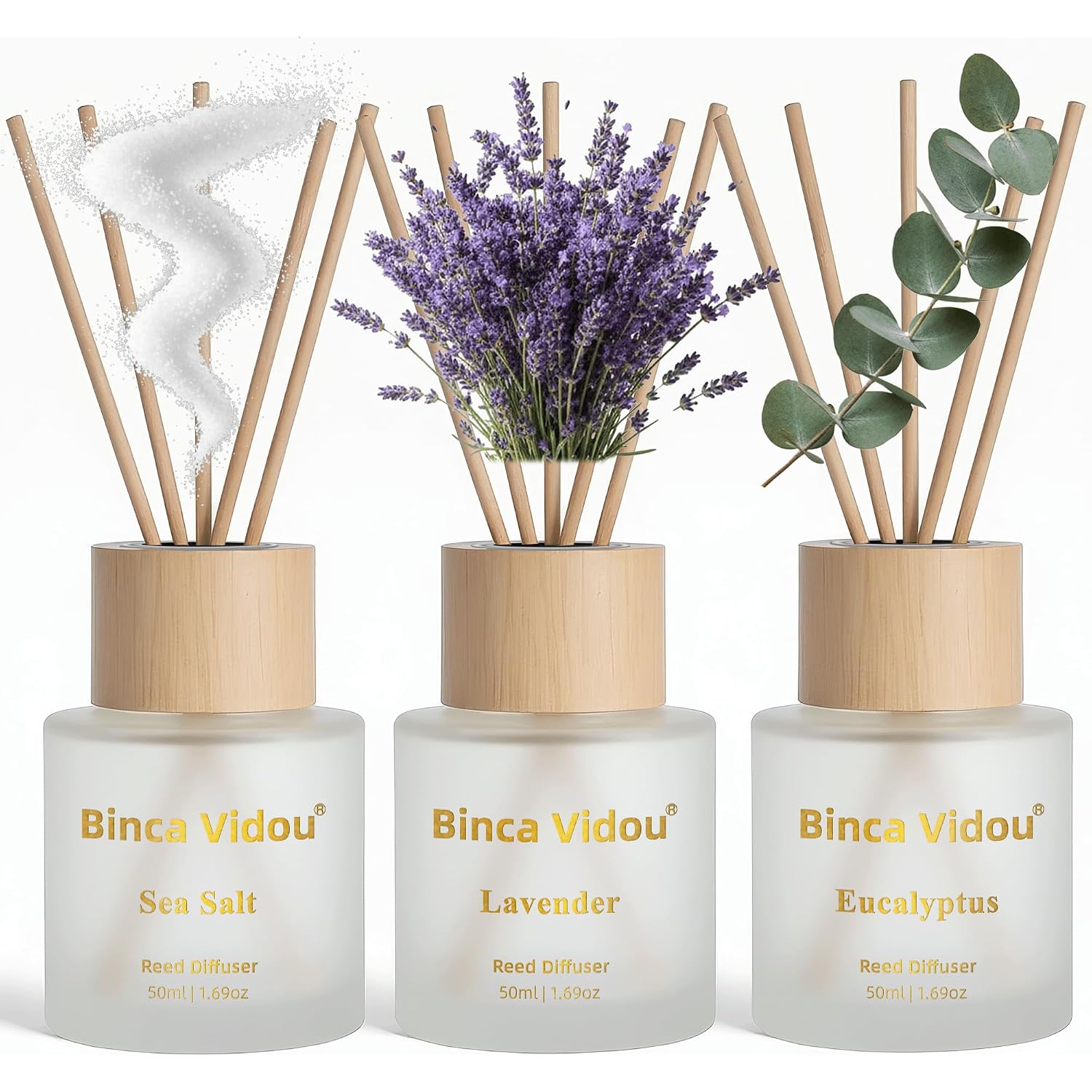 Reed Diffuser Set Of 3, Binca Vidou Lavender, Eucalyptus & Sea Salt Natural Scent Oil Diffusers With Sticks For Home Office Bathroom Aromatherapy Decor 1.69Oz X 3