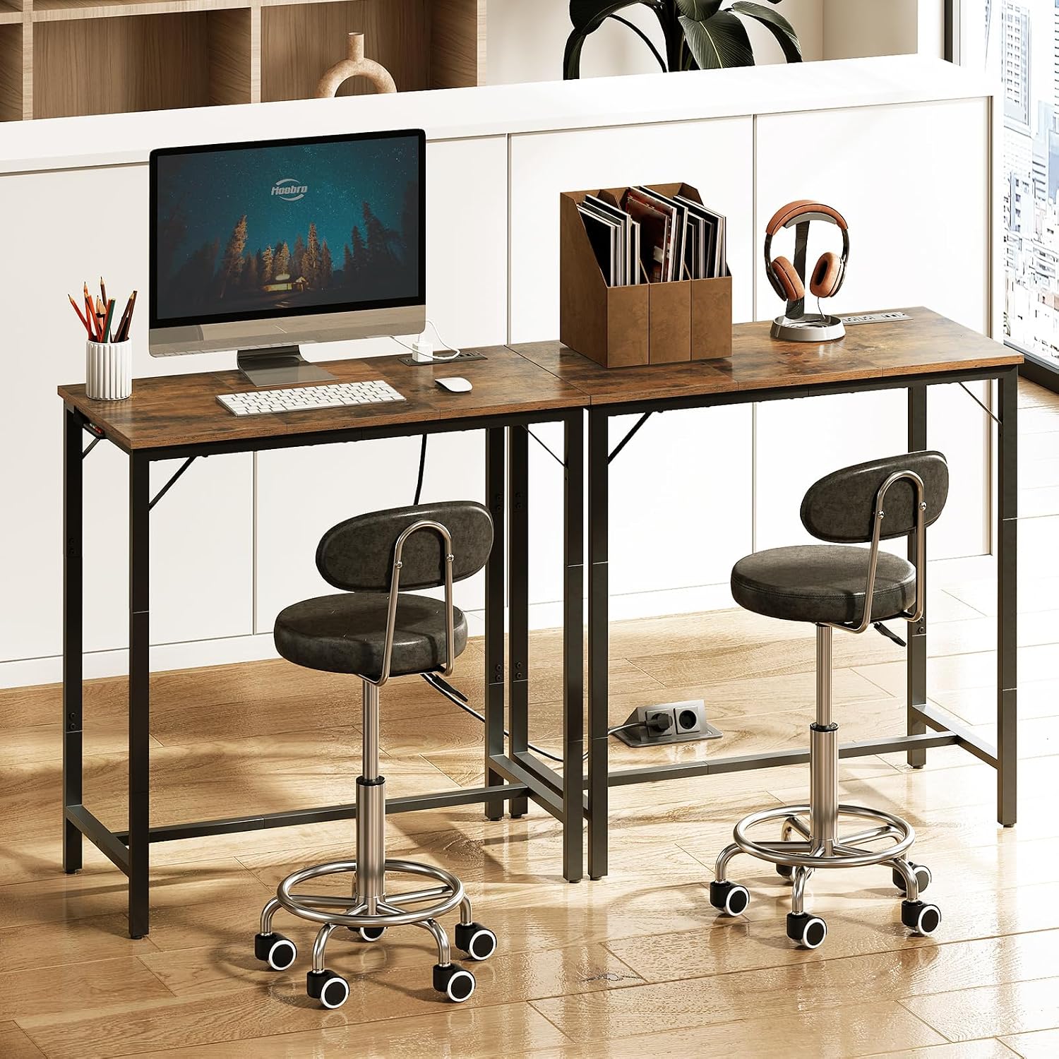 Hoobro Bar Table With Charging Station, Rectangular Pub Table, High Top Coffee Table, Counter Bar Height Table, Narrow Long Dining Table, 35.4" L X 15.7" W X 35.6" H, Rustic Brown And Black Bf90Ubt01