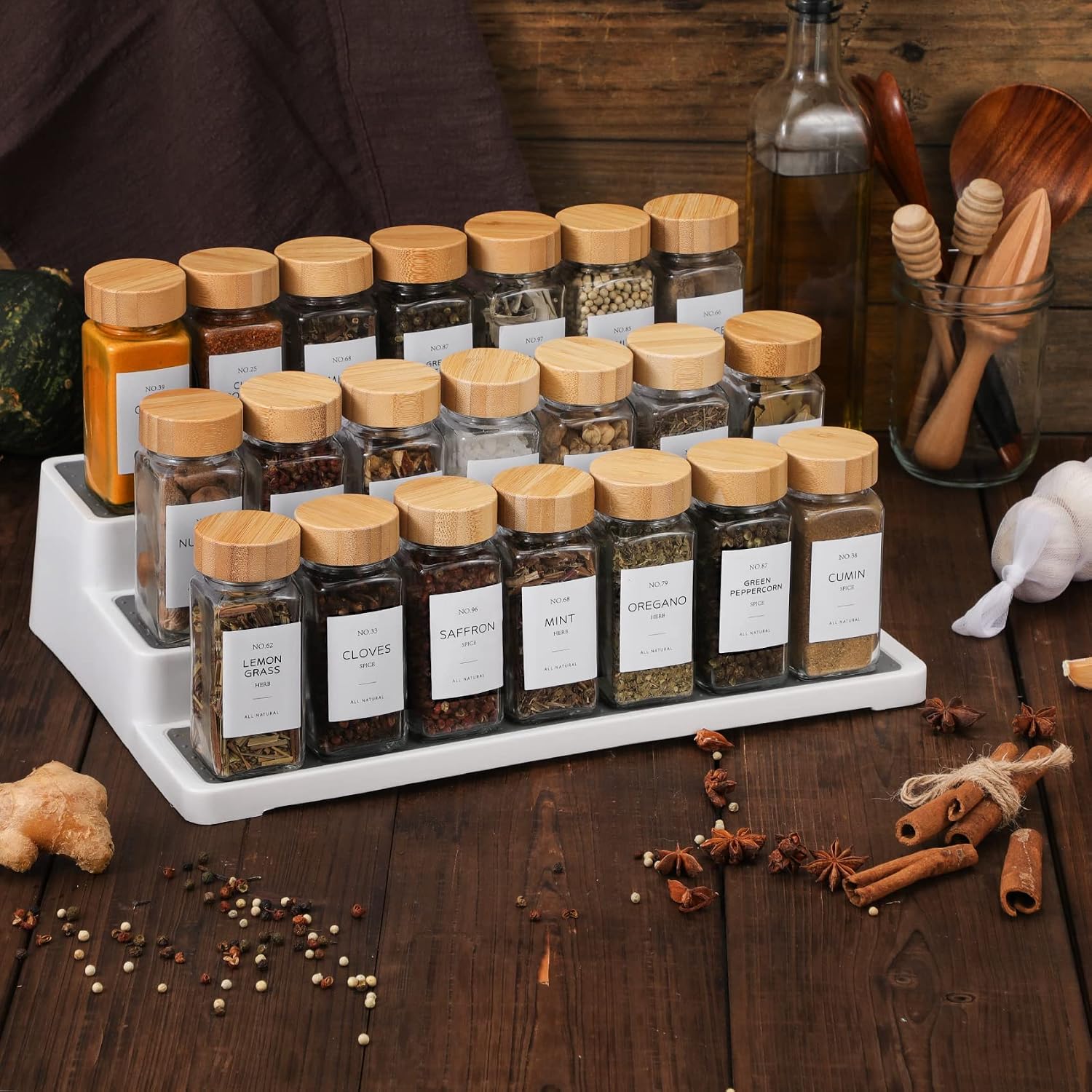 Netany 24 Pcs Glass Spice Jars With Bamboo Lids, 4 Oz Glass Jars With Minimalist Farmhouse Spice Labels Stickers, Collapsible Funnel, Seasoning Storage Bottles For Spice Rack, Cabinet, Drawer