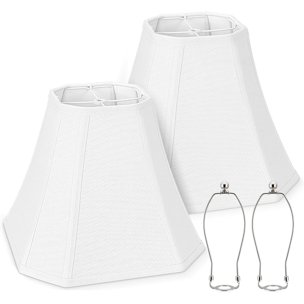 Lamp Shades Set Of 2, Includes Harps, White Medium Lampshades (6.5"X13"X10.8"), Classic Square Cut Corner Fabric Replacement Shade With Spider Fitter For Table Lamps, Classic Home Decor
