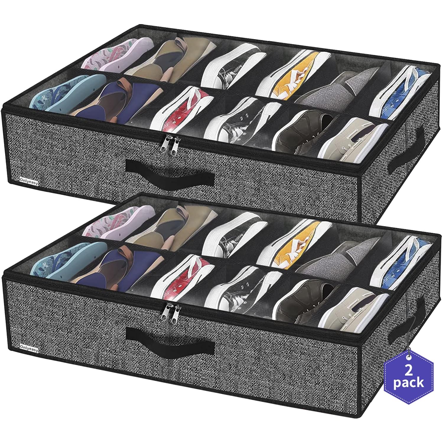 Onlyeasy Sturdy Under Bed Shoe Storage Organizer, Set Of 2, Fit 12 To 24 Pairs, Underbed Shoes Closet Storage Solution With Clear Window, Breathable, L29.3 X W23.6 X H5.9, Linen-Like Black, Mxaubsb2P
