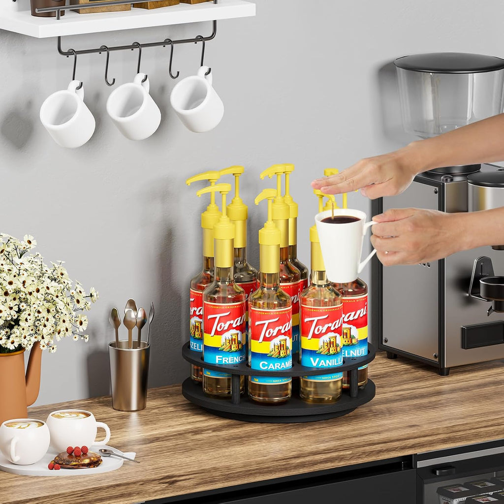 Thygiftree Rotating Coffee Syrup Organizer For Countertop, 9-Bottle Wooden Syrup Rack & Bottle Holder For Coffee Bar Station, Turntable Display Stand, Black