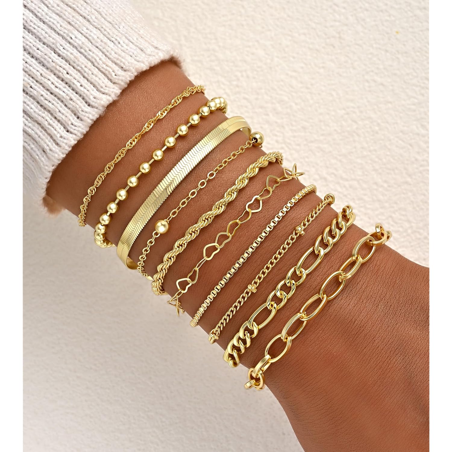 10 Pcs Gold Bracelets Set for Women, 14K Gold Plated Stackable Cuban Link Paperclip Chain Bracelet Pack, Dainty Gold Bracelets Stack Jewelry Gift