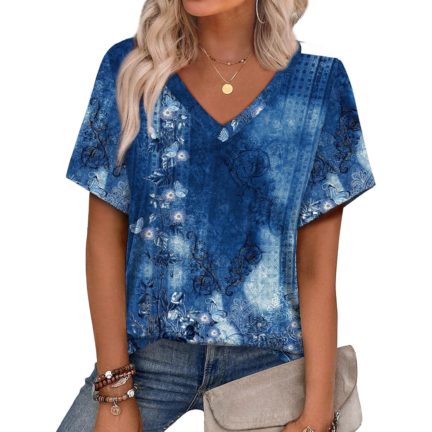 Womens Summer Tops 2026 V Neck Short Sleeve Shirts Trendy Dressy Casual Vacation Outfits Printed