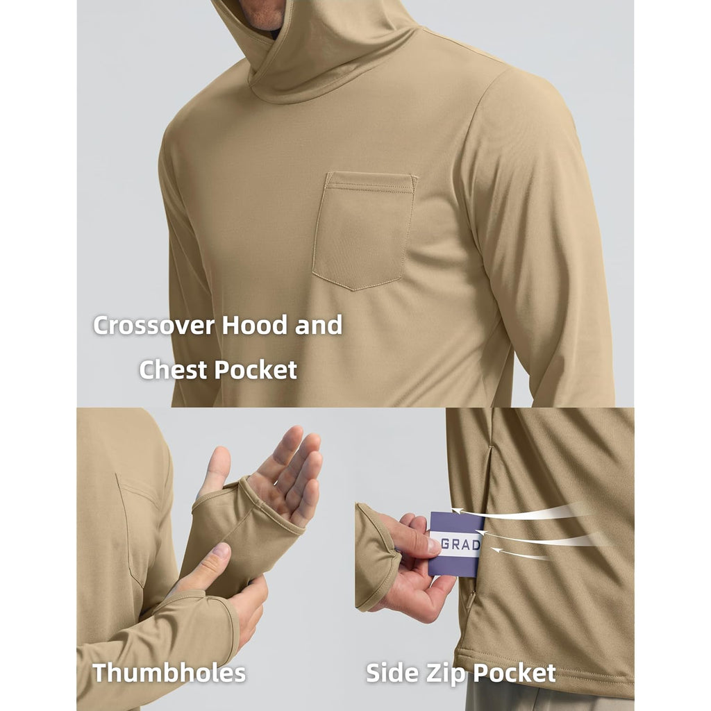 Men'S Sun Protection Shirts Upf 50+ Long Sleeve Hoodie With 2 Pockets Uv Spf Fishing Hiking Rash Guard Shirts