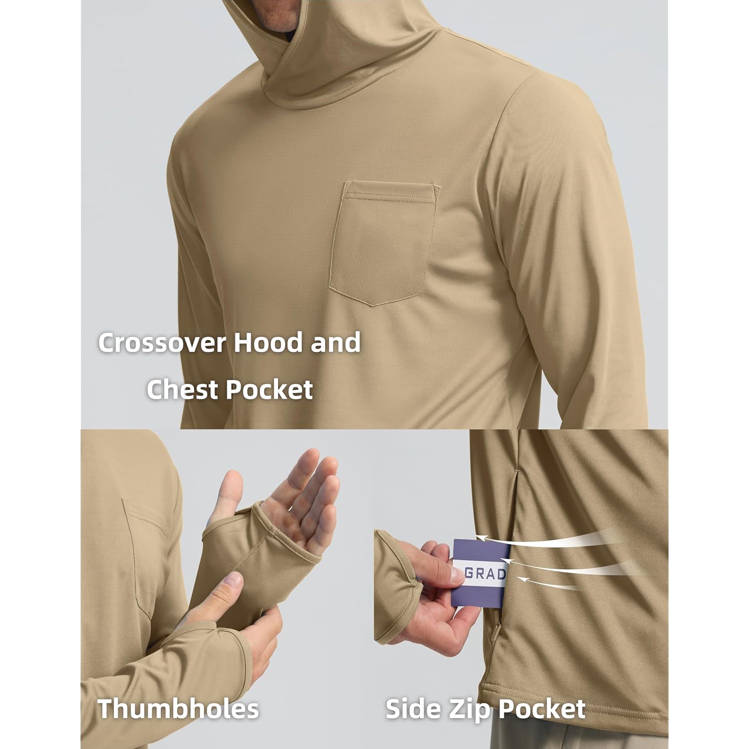 Men'S Sun Protection Shirts Upf 50+ Long Sleeve Hoodie With 2 Pockets Uv Spf Fishing Hiking Rash Guard Shirts