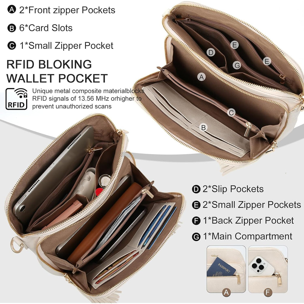 Women'S Leather Crossbody Bags Anti Theft Purses Rfid Blocking Handbags Trendy Travel Adjustable Strap Tassel