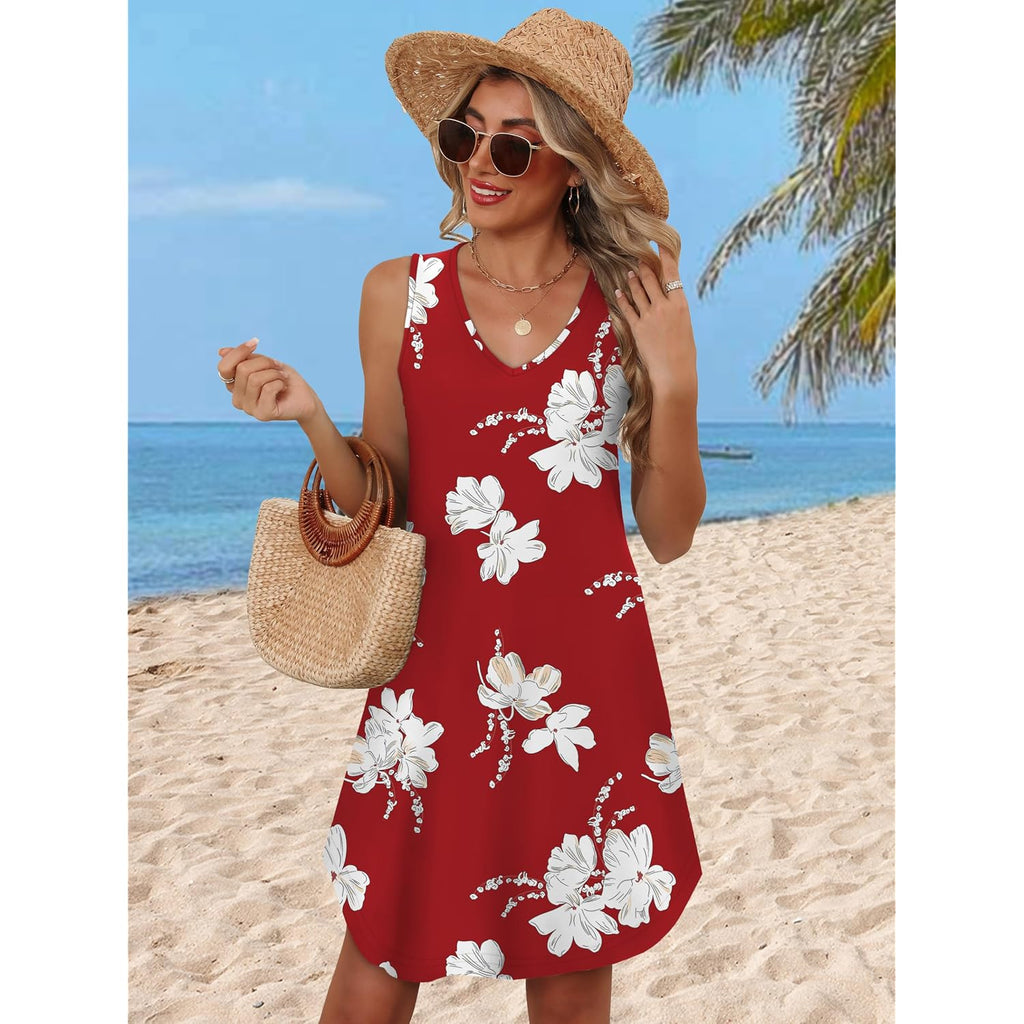 Aokosor Womens Summer Dresses 2026 Loose V Neck Sleeveless Dress Sundresses Swimsuit Coverup Vacation Outfits