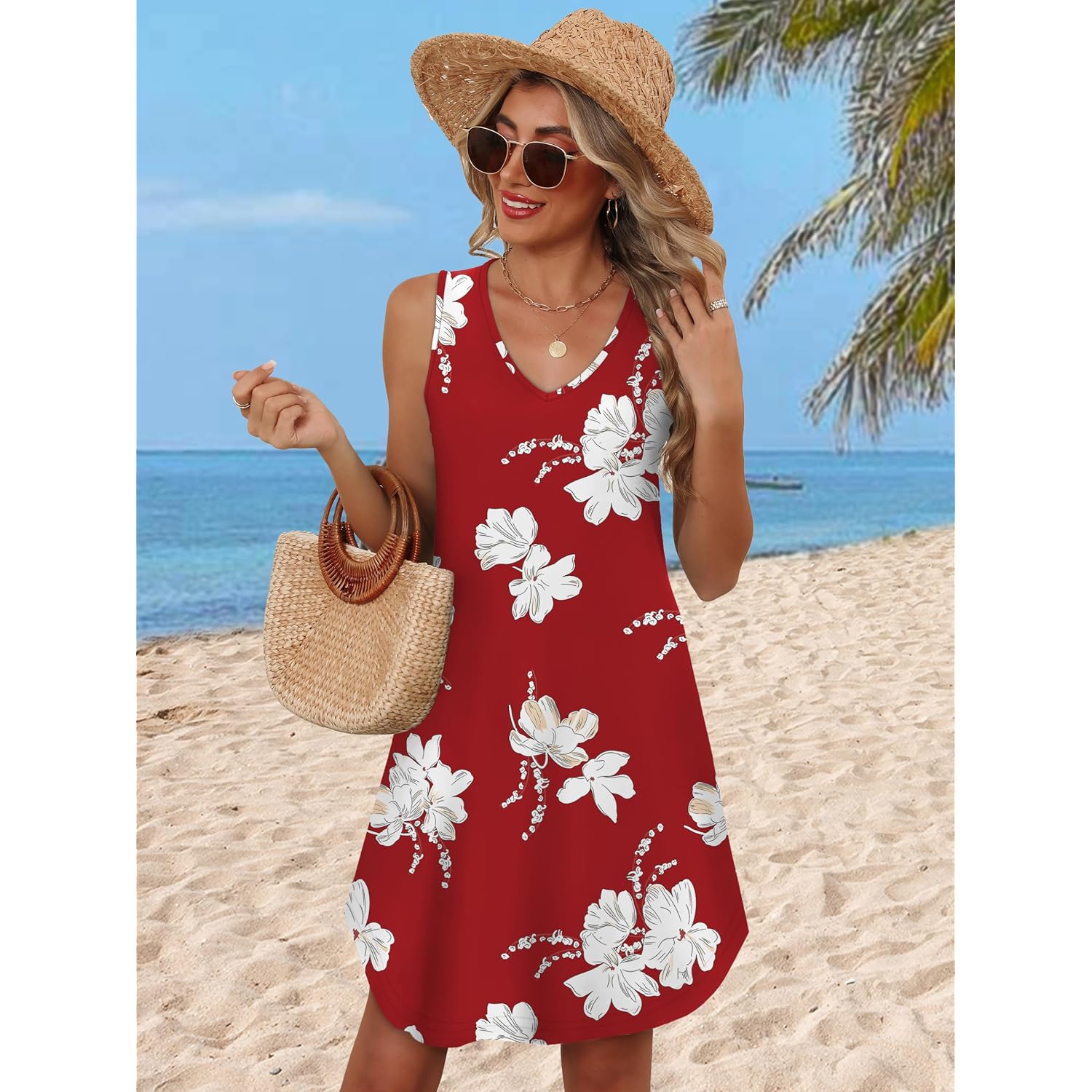 Aokosor Womens Summer Dresses 2026 Loose V Neck Sleeveless Dress Sundresses Swimsuit Coverup Vacation Outfits