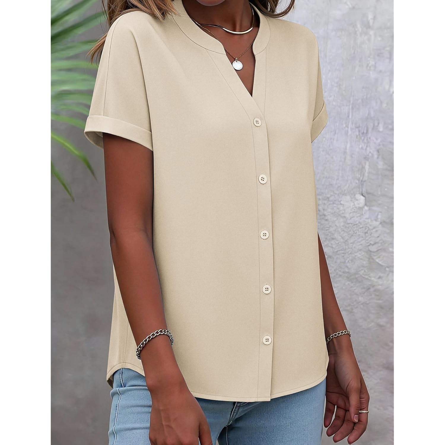 Button Down Shirts for Women Short Sleeve Tops V Neck Collar Blouses Business Casual Outfits
