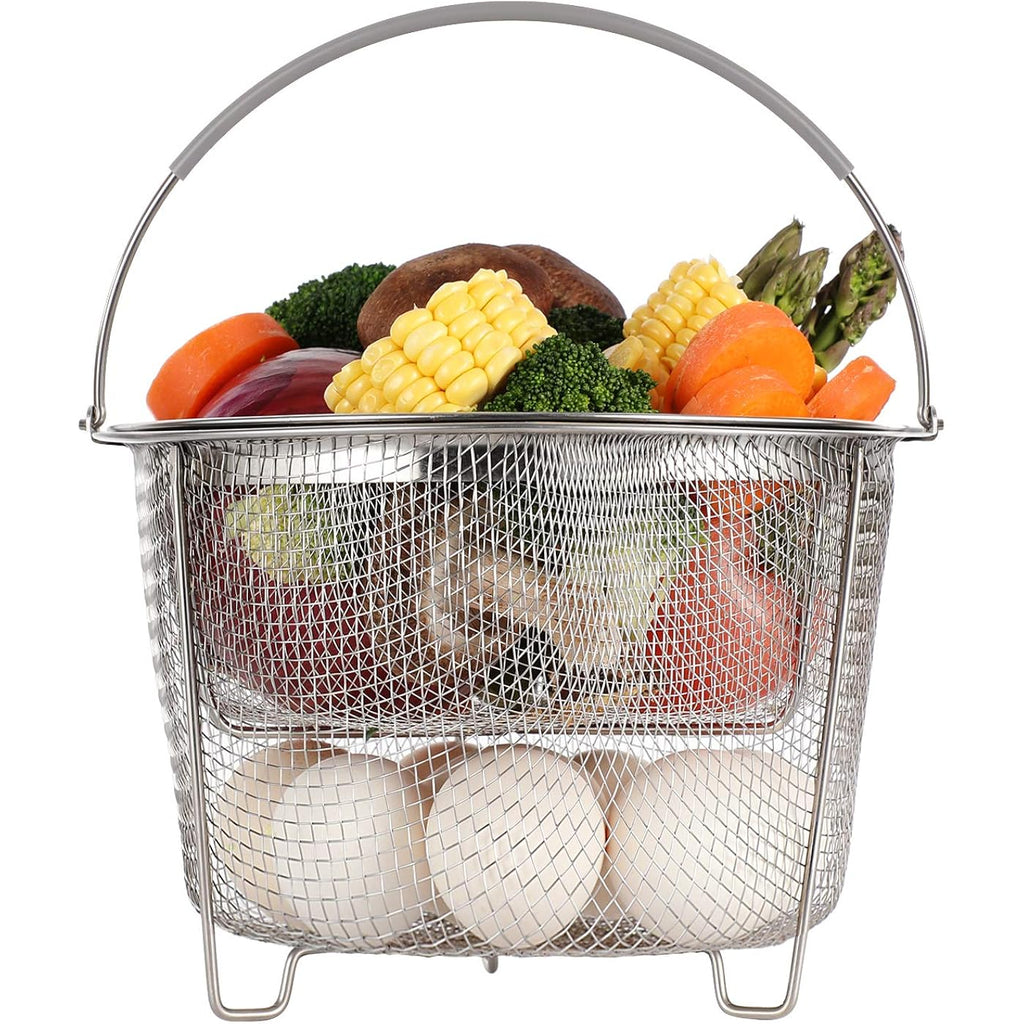 AOZITA Steamer Basket for Instant Pot Accessories 6 qt or 8 quart - 2 Tier Stackable 18/8 Stainless Steel Mesh - Silicone Handle - Vegetable Steamer Insert, Egg Basket, Pasta Strainer,Silver
