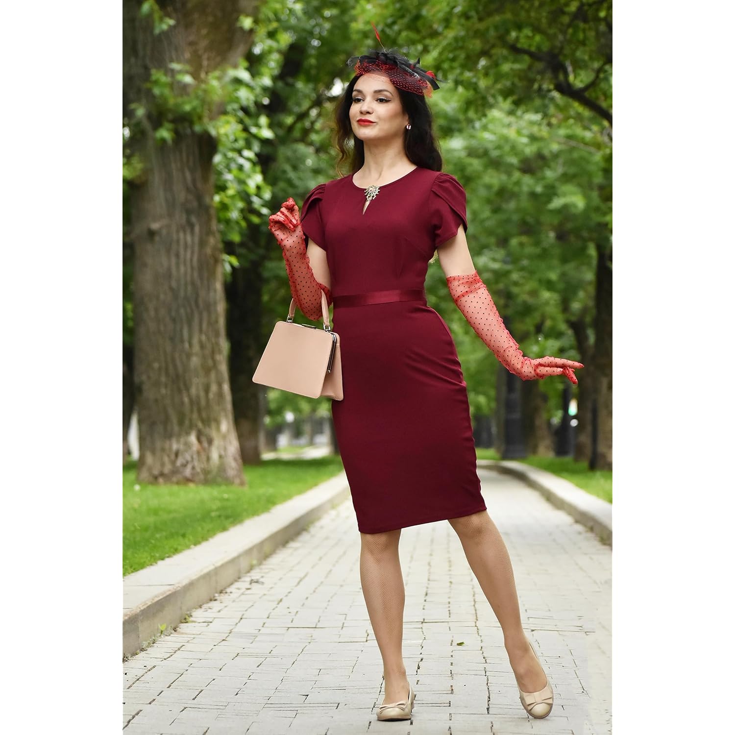 Women's Elegant Puff Sleeves Keyhole Neck Cocktail Party Pencil Dress